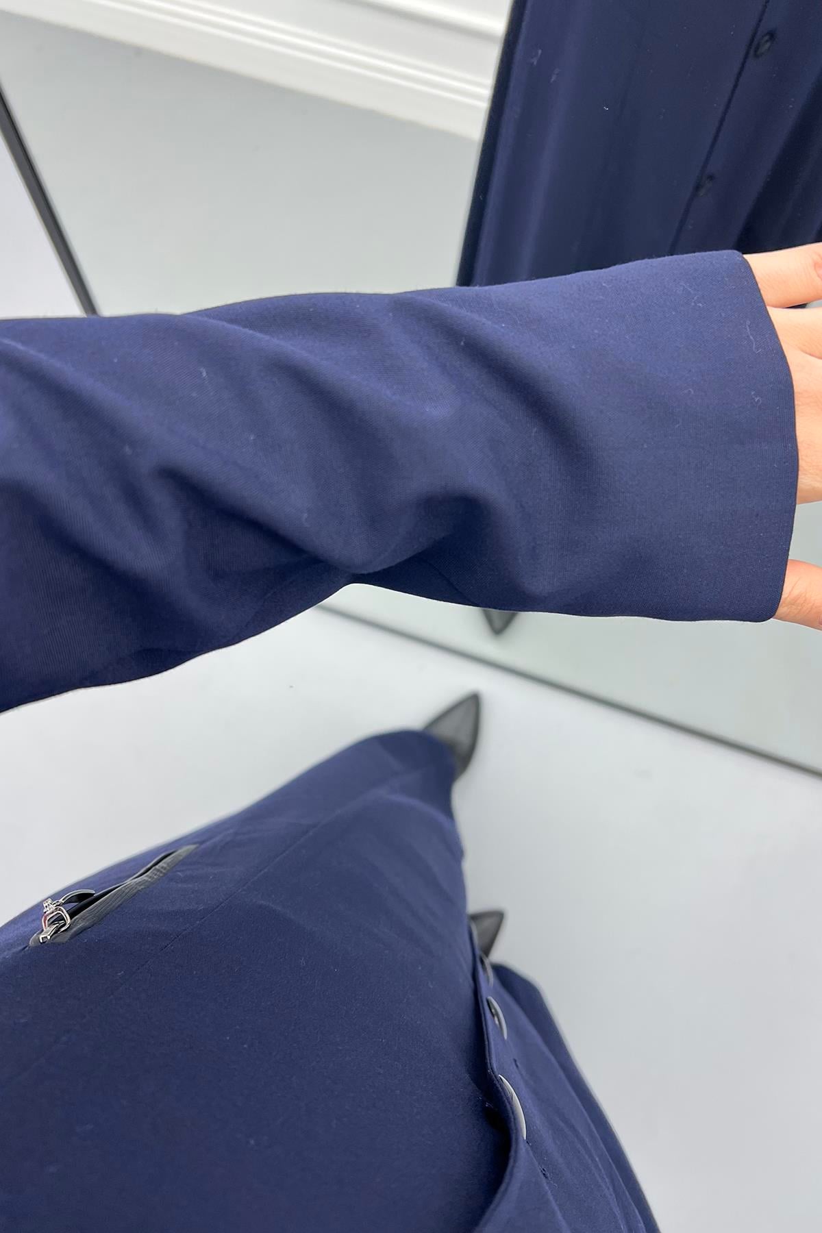 Düğmeli Poliviskon Pardesü Koyu Lacivert