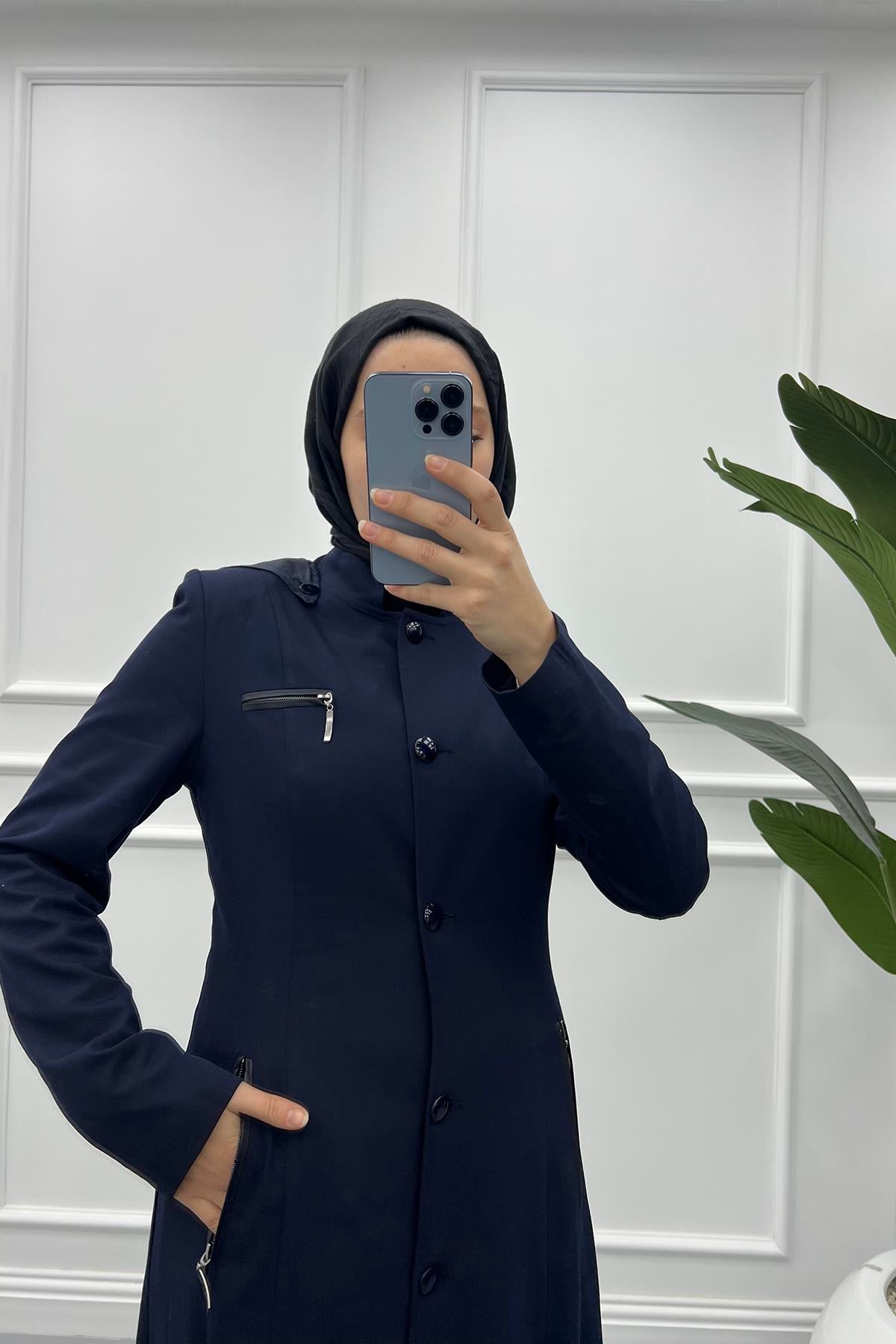 Düğmeli Poliviskon Pardesü Koyu Lacivert