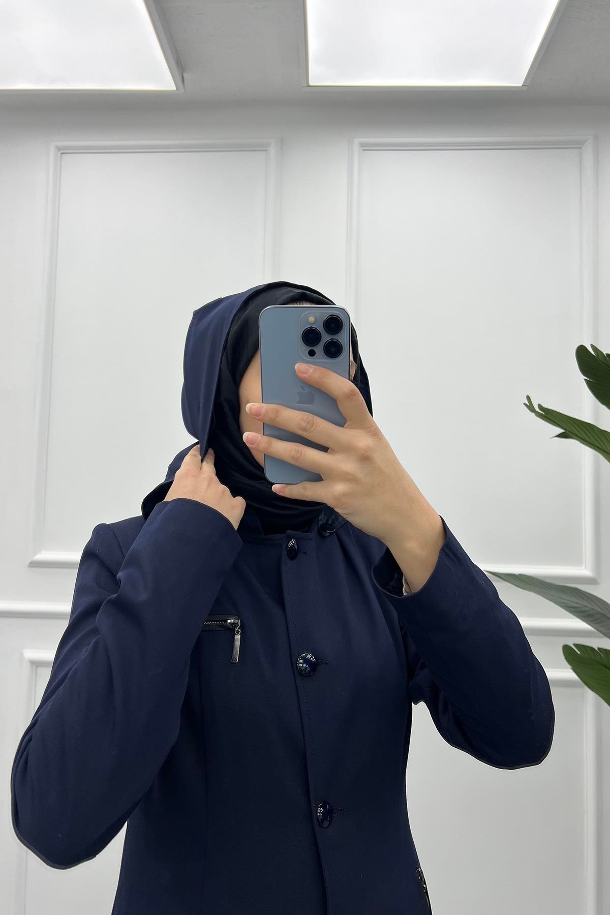 Düğmeli Poliviskon Pardesü Koyu Lacivert