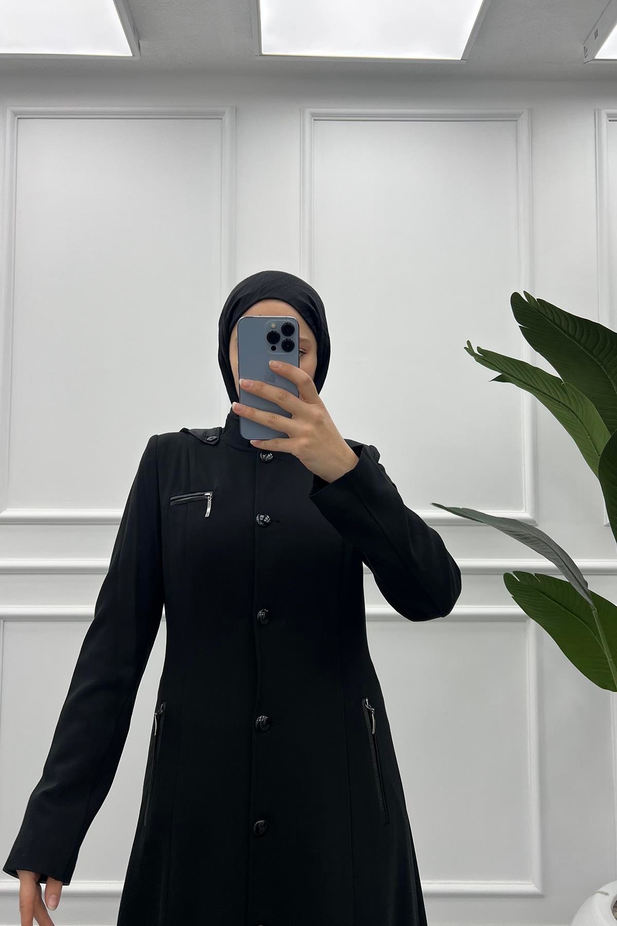 Düğmeli Poliviskon Pardesü Siyah