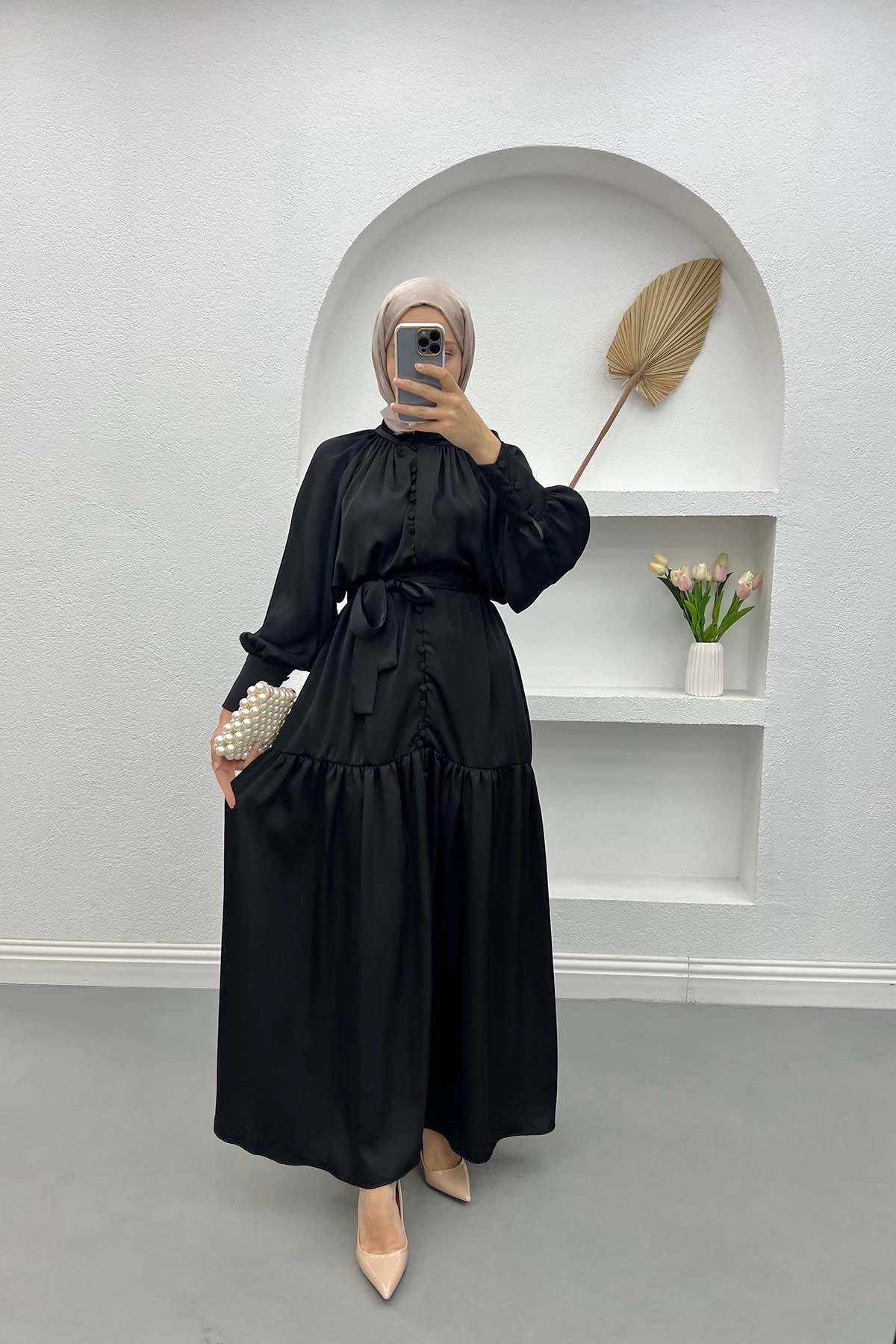 Düğmeli Saten Elbise Siyah