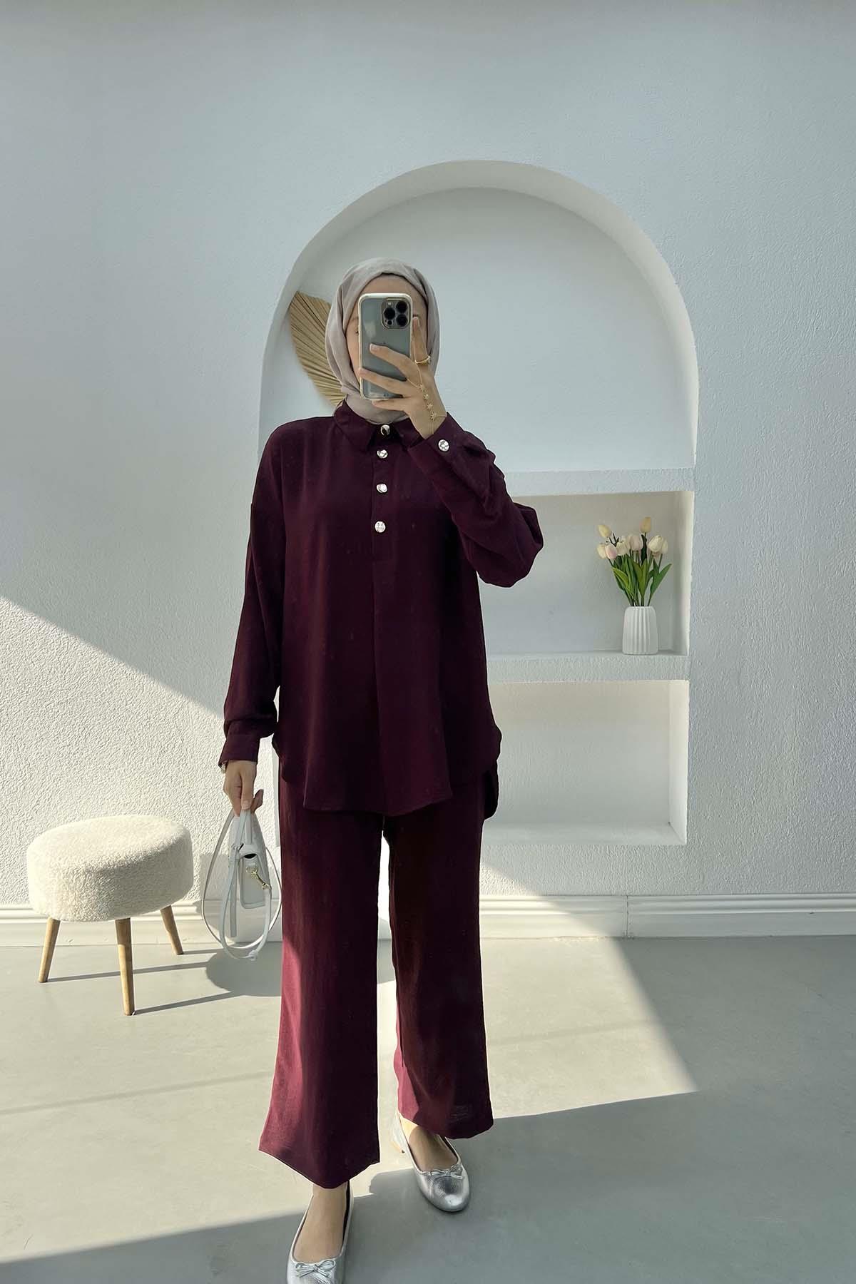 Düğmeli Takım Mürdüm