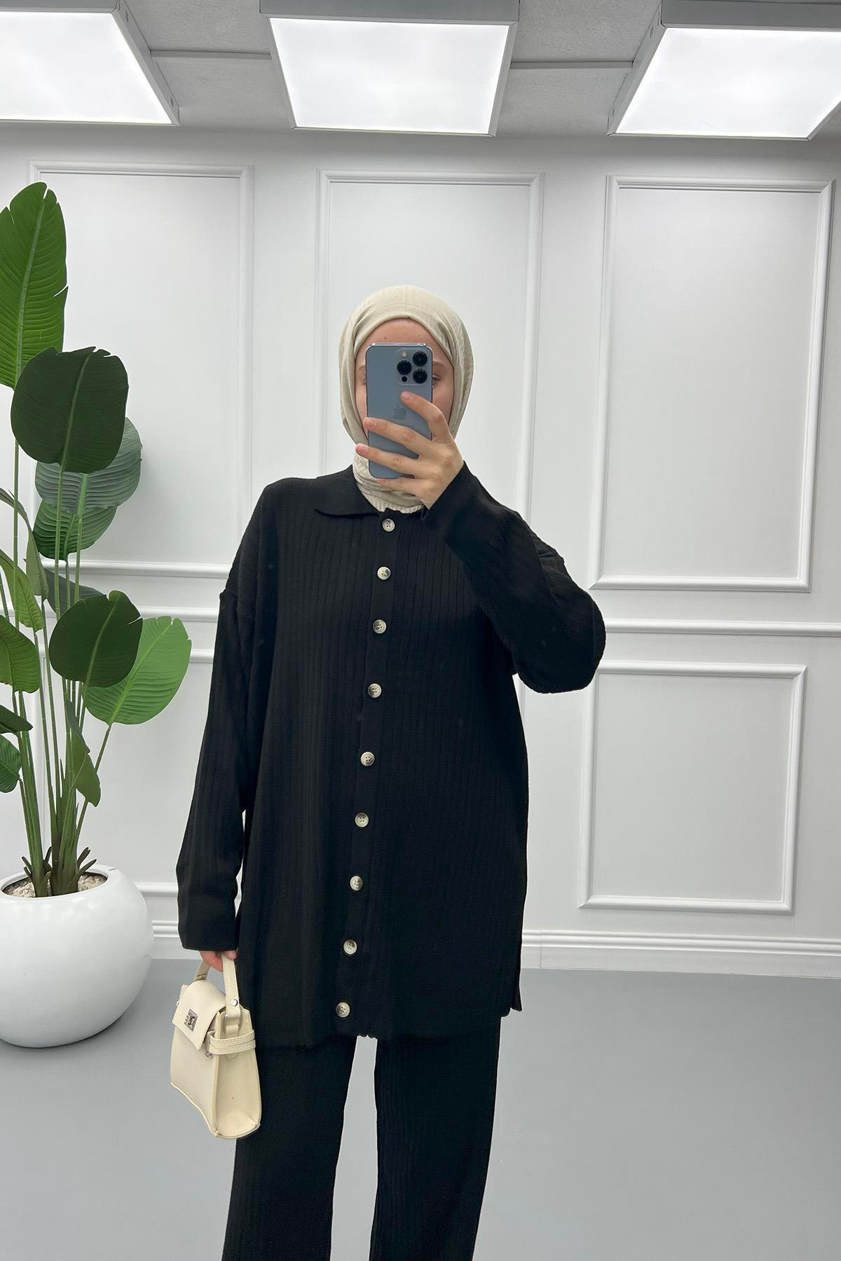 Düğmeli Triko Hırka Takım Siyah