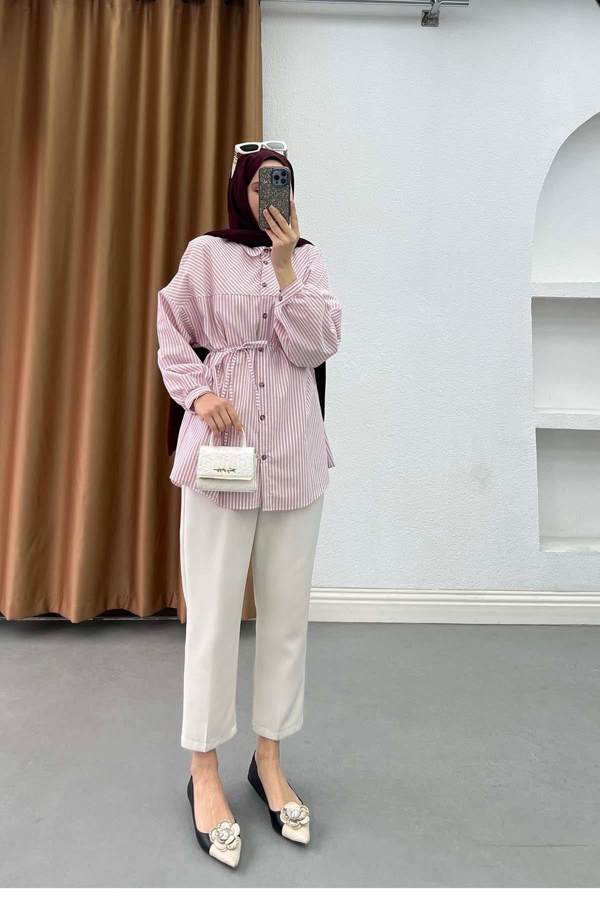 Düşük Omuzlu Modern Çizgili Gömlek Pembe