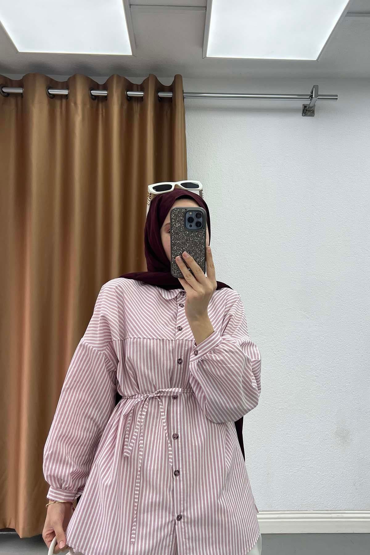 Düşük Omuzlu Modern Çizgili Gömlek Pembe