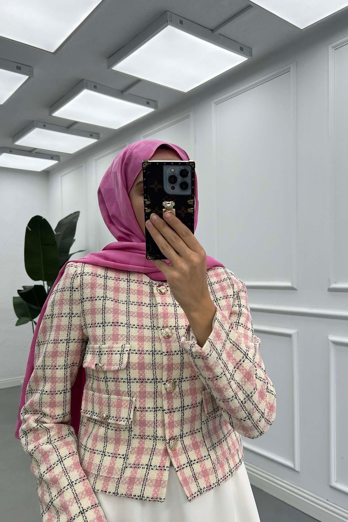 Ekose Astarlı Tüvit Ceket Pembe