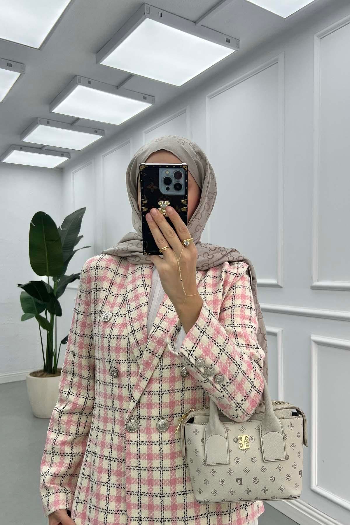 Ekose (Astarlı) Tüvit Ceket Pembe