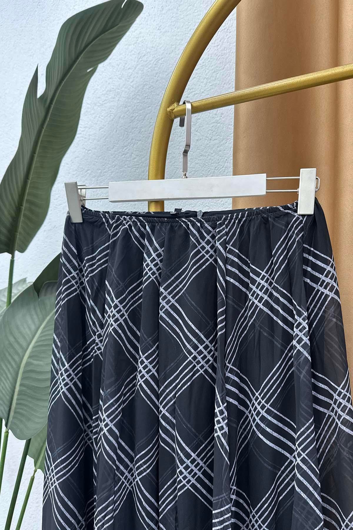 Ekose Desen Astarlı Beli Lasitkli Midi Tül Etek Siyah