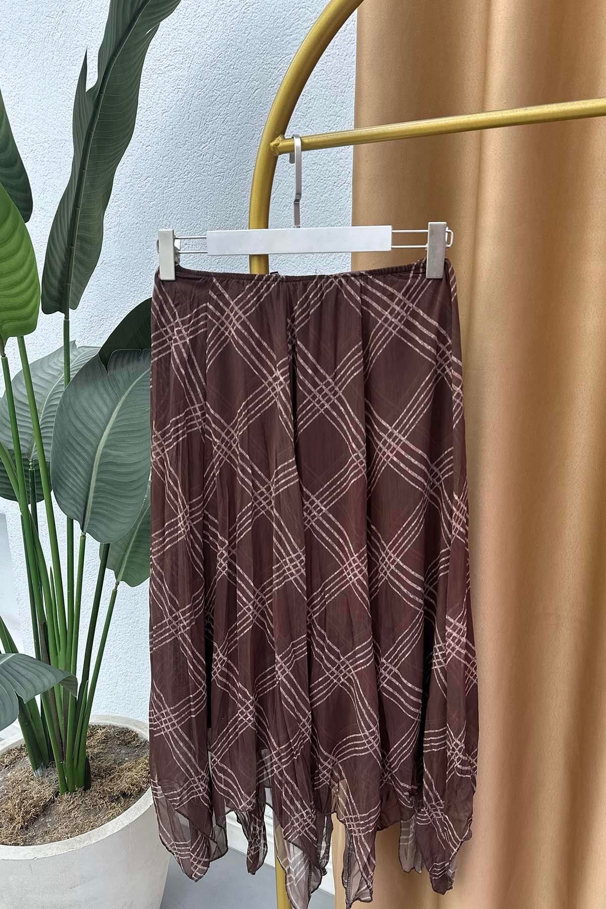 Ekose Desen Astarlı Beli Lasitkli Midi Tül Etek Kahve