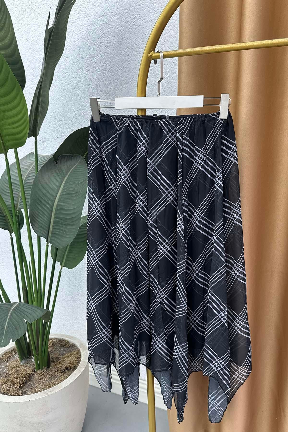 Ekose Desen Astarlı Beli Lasitkli Midi Tül Etek Siyah