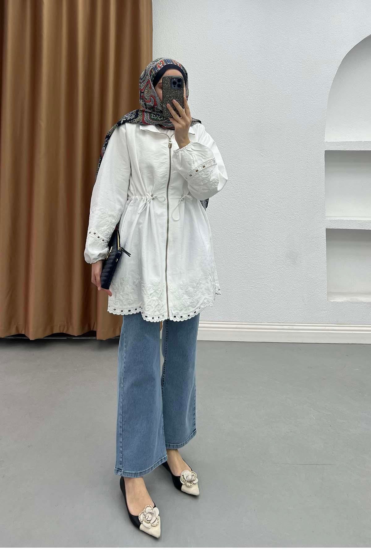 Elegance Nakışlı Fisto Detaylı Tunik Ekru