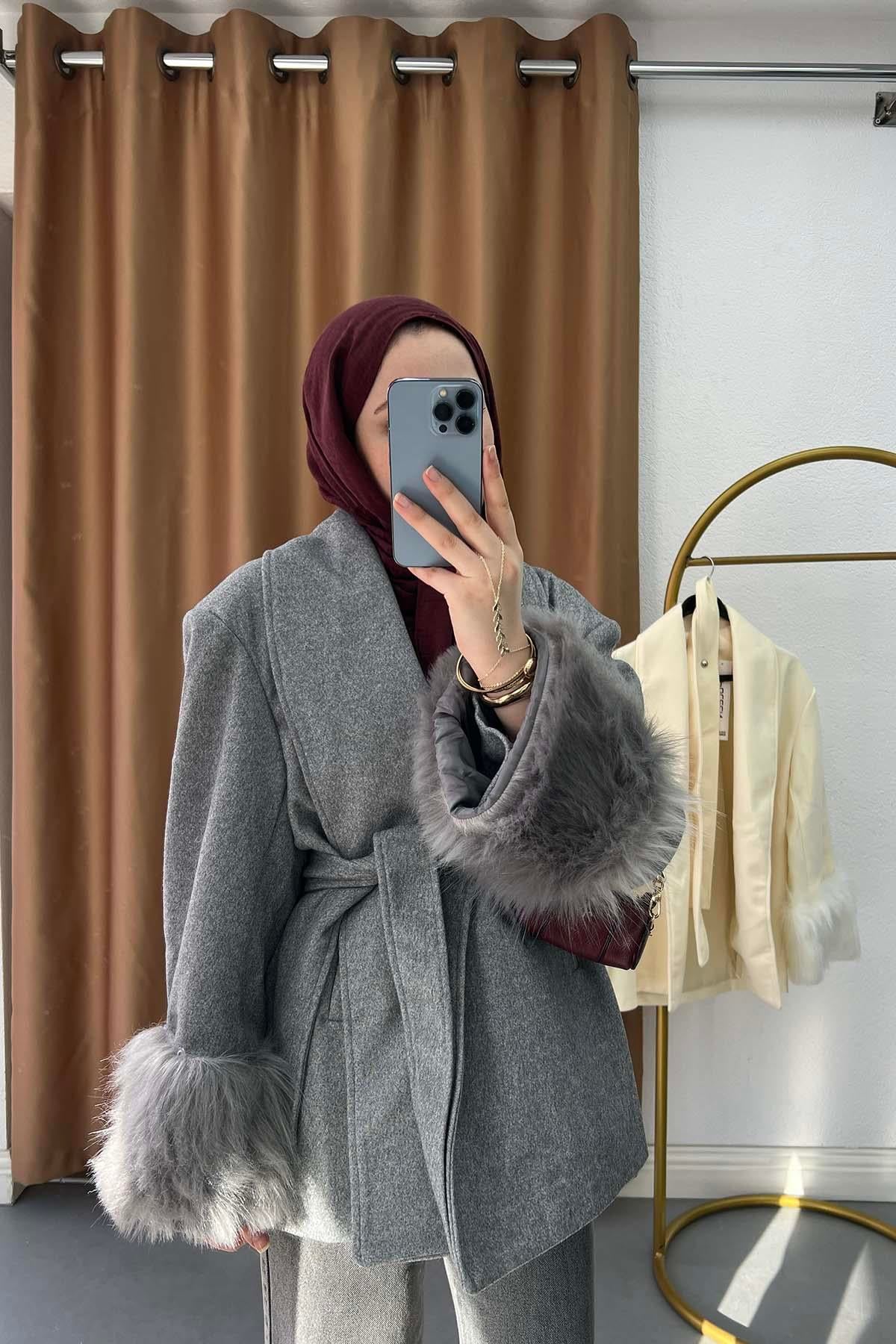 Eskimo Stil Astarlı Modern Kaşe Ceket Gri