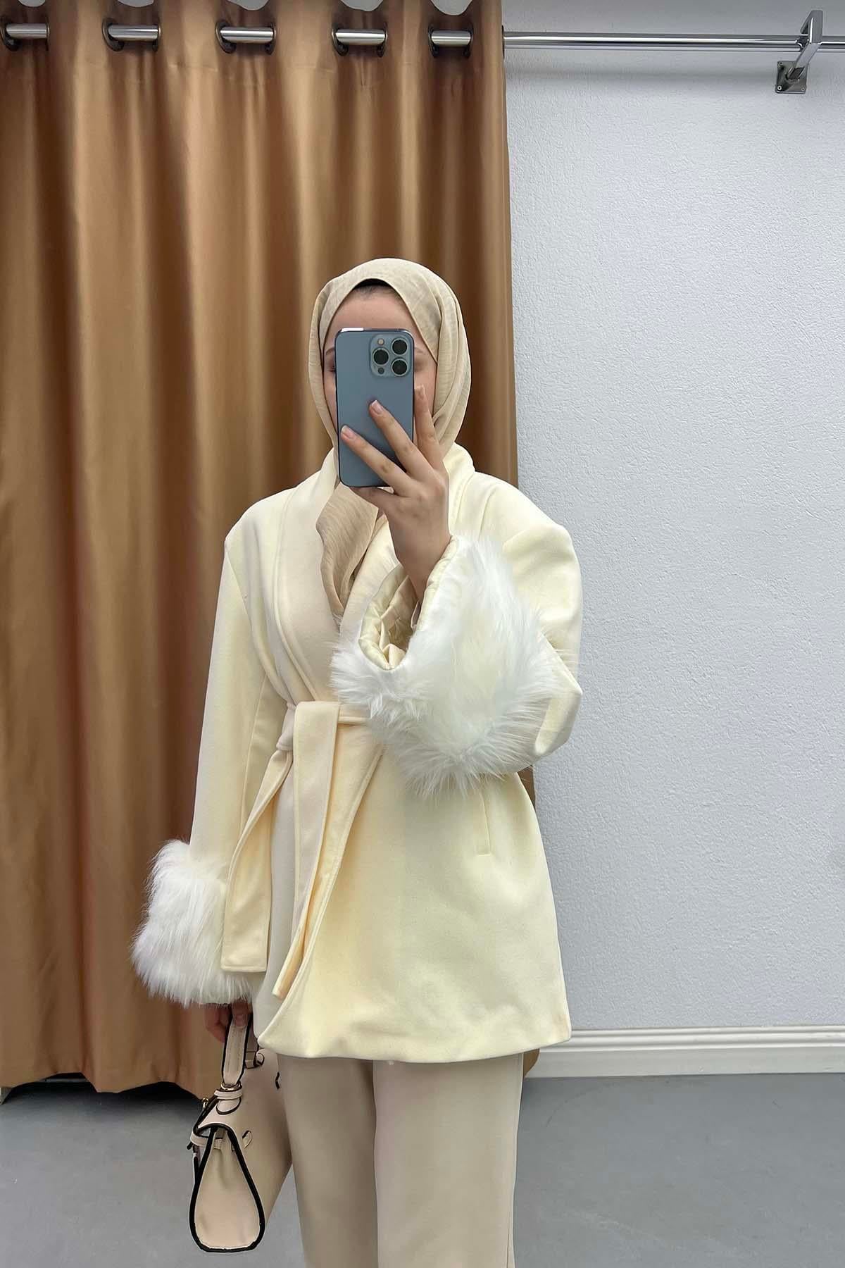 Eskimo Stil Astarlı Modern Kaşe Ceket Krem