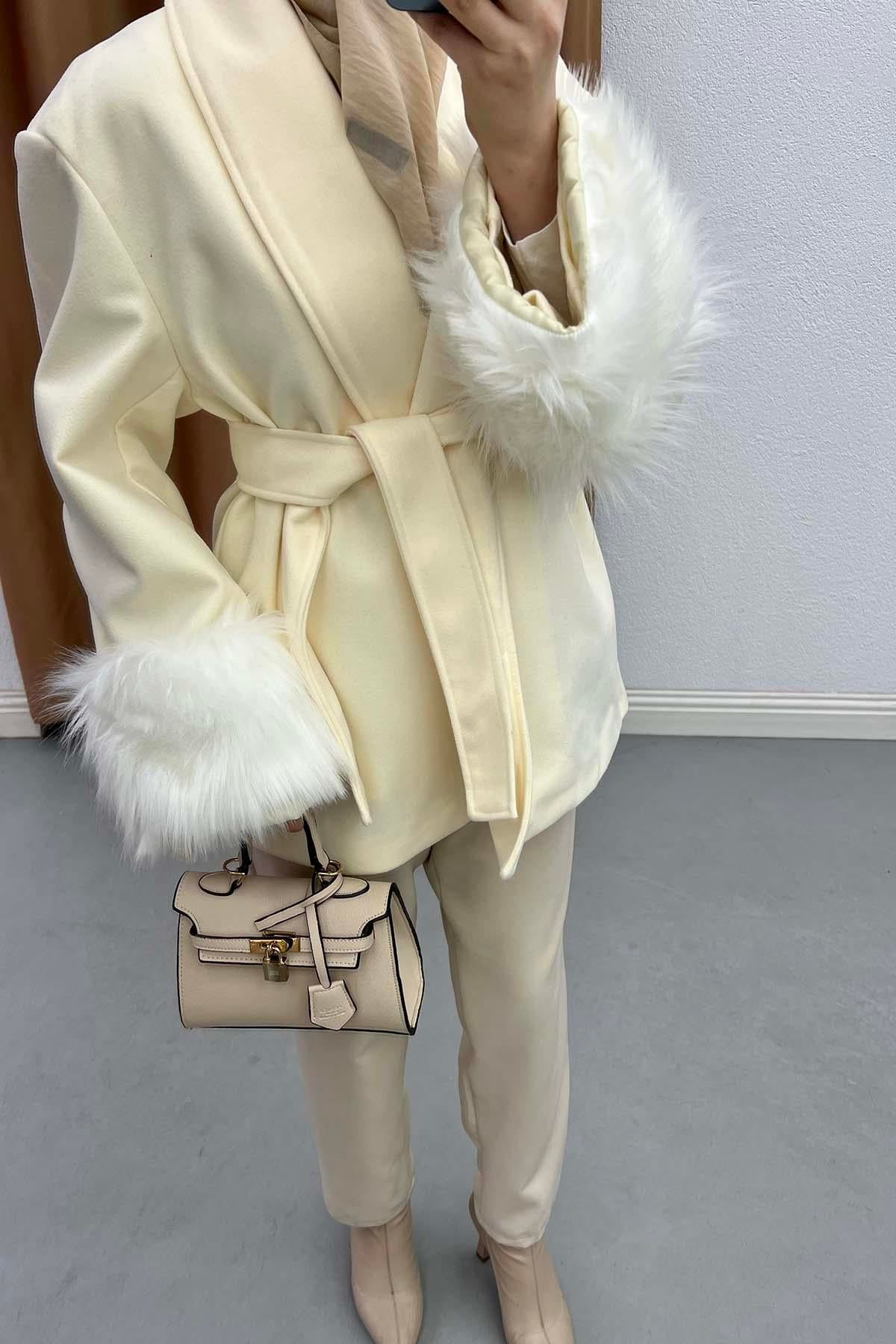 Eskimo Stil Astarlı Modern Kaşe Ceket Krem