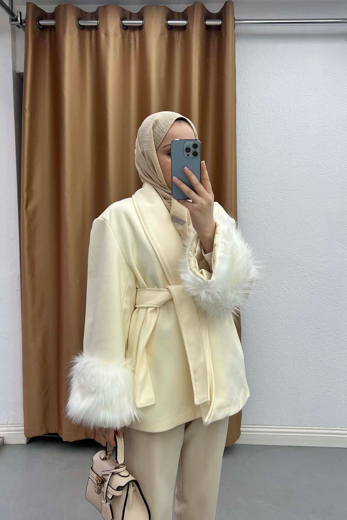 Eskimo Stil Astarlı Modern Kaşe Ceket Krem