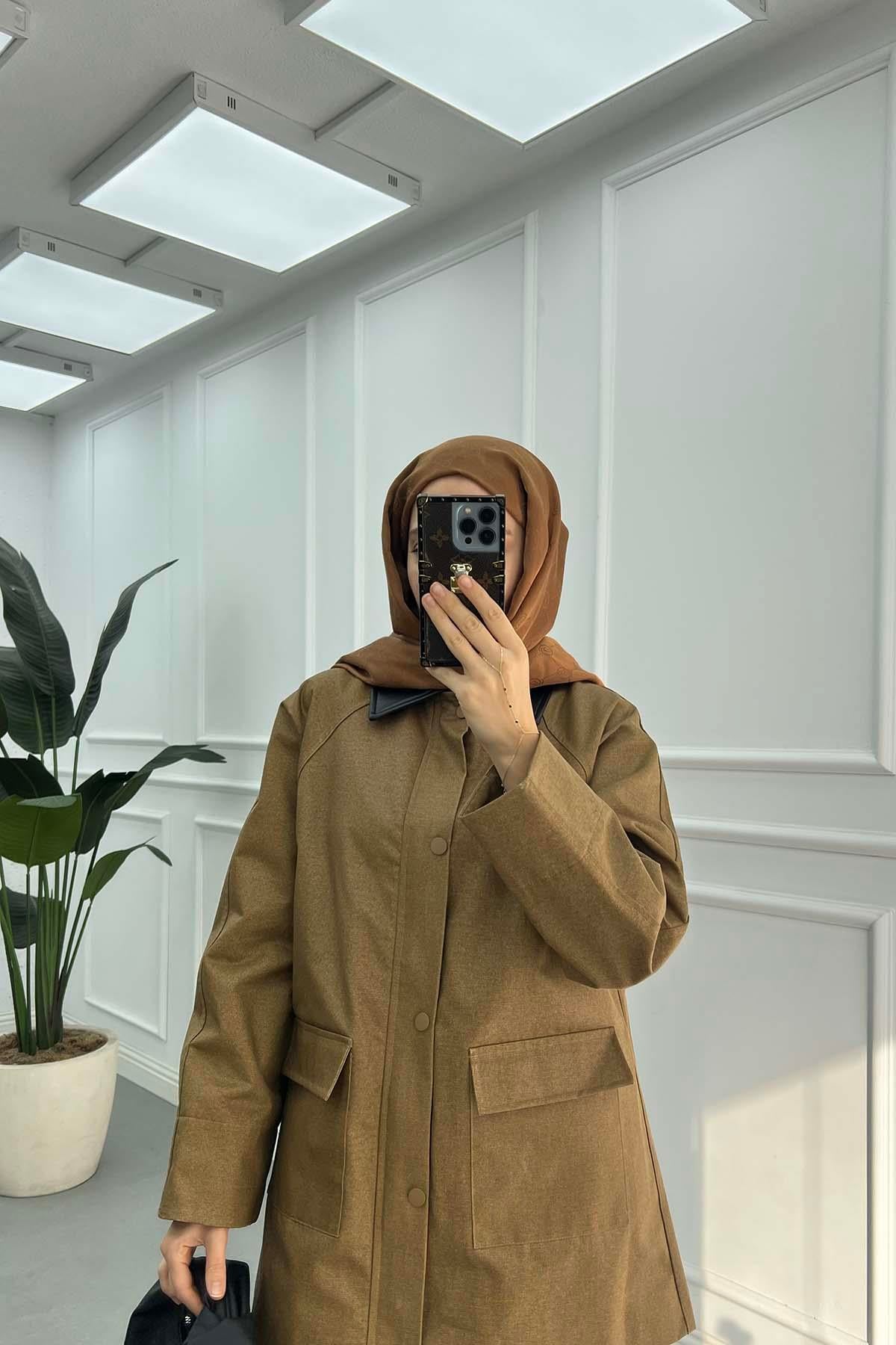 Eskitme Deri Görünümlü Astarlı Ceket Camel
