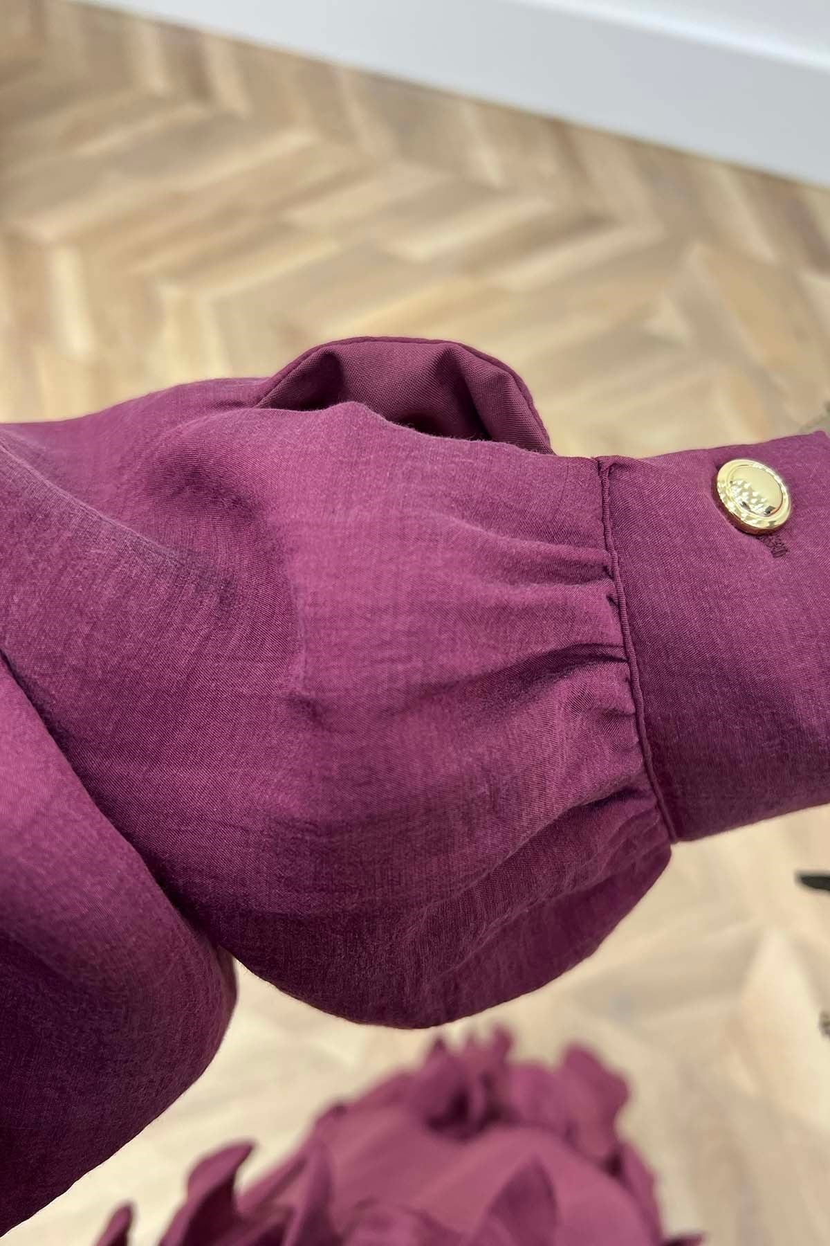 Estetik Katmanlı Gold Detaylı Elbise Mürdüm