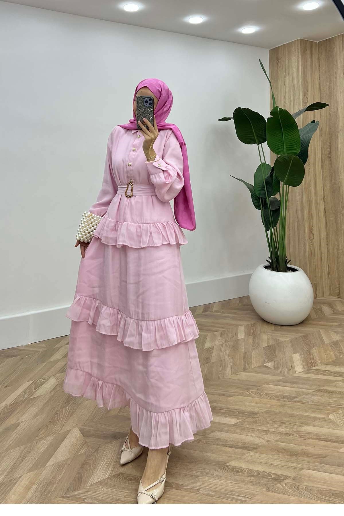 Estetik Katmanlı Gold Detaylı Elbise Pembe