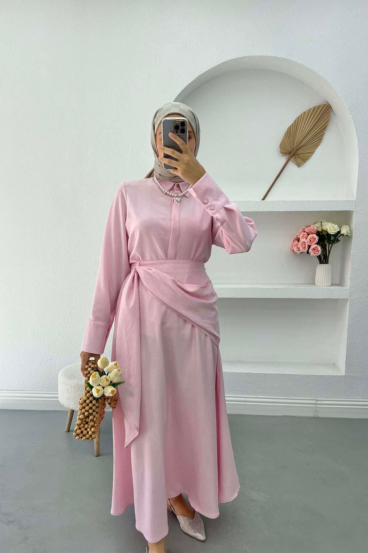 Eteği Bağlamalı Gömlek Takım Pembe