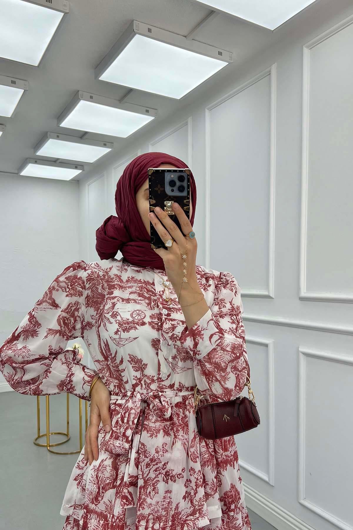 Eteği Fırfırlı Astarlı Elbise Bordo