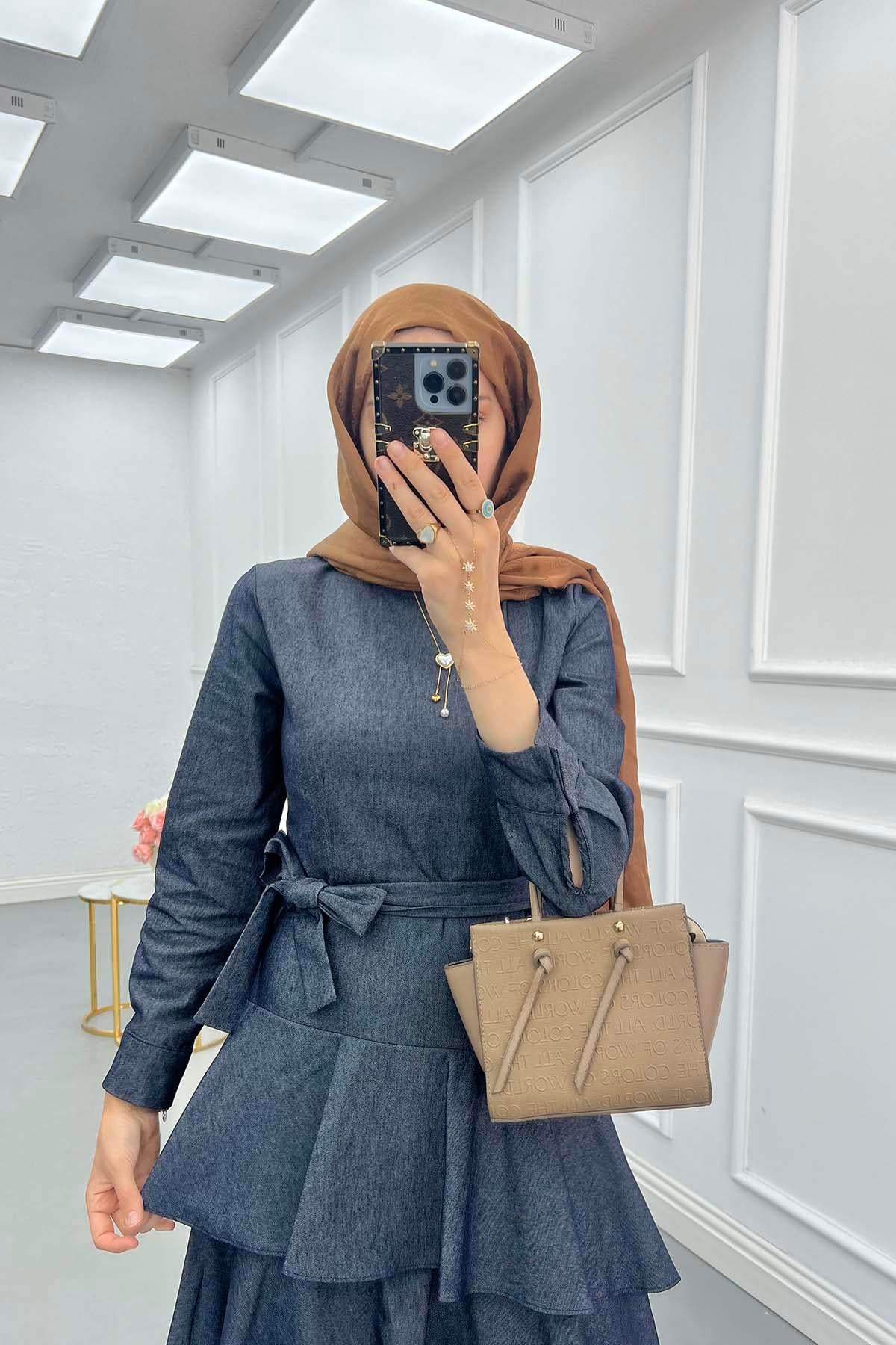 Eteği Fırfırlı Kot Elbise Füme