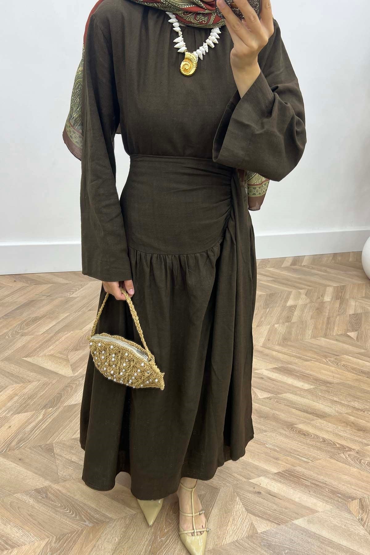 Etegi Parçalı Modern Keten Takım Acı Kahve