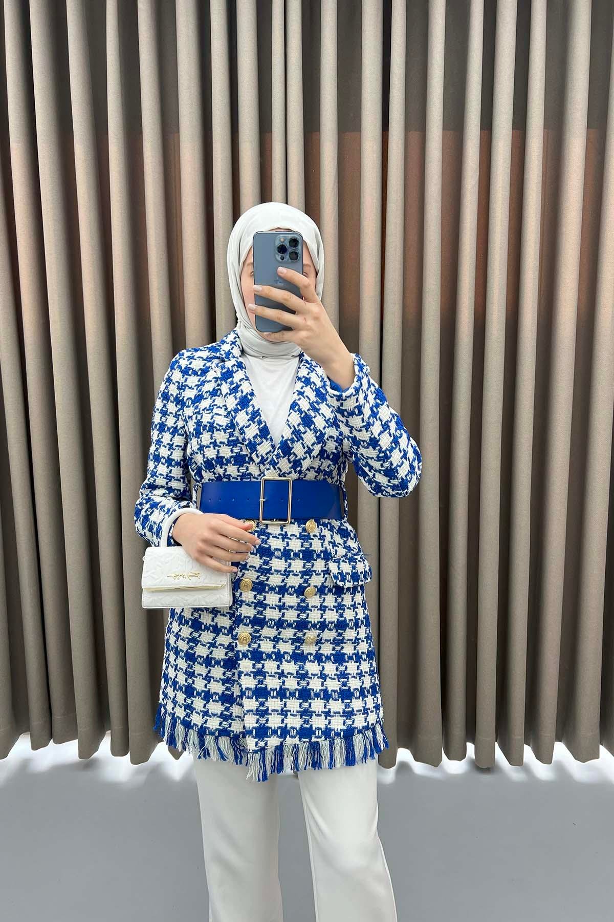 Eteği Püsküllü Ceket Mavi