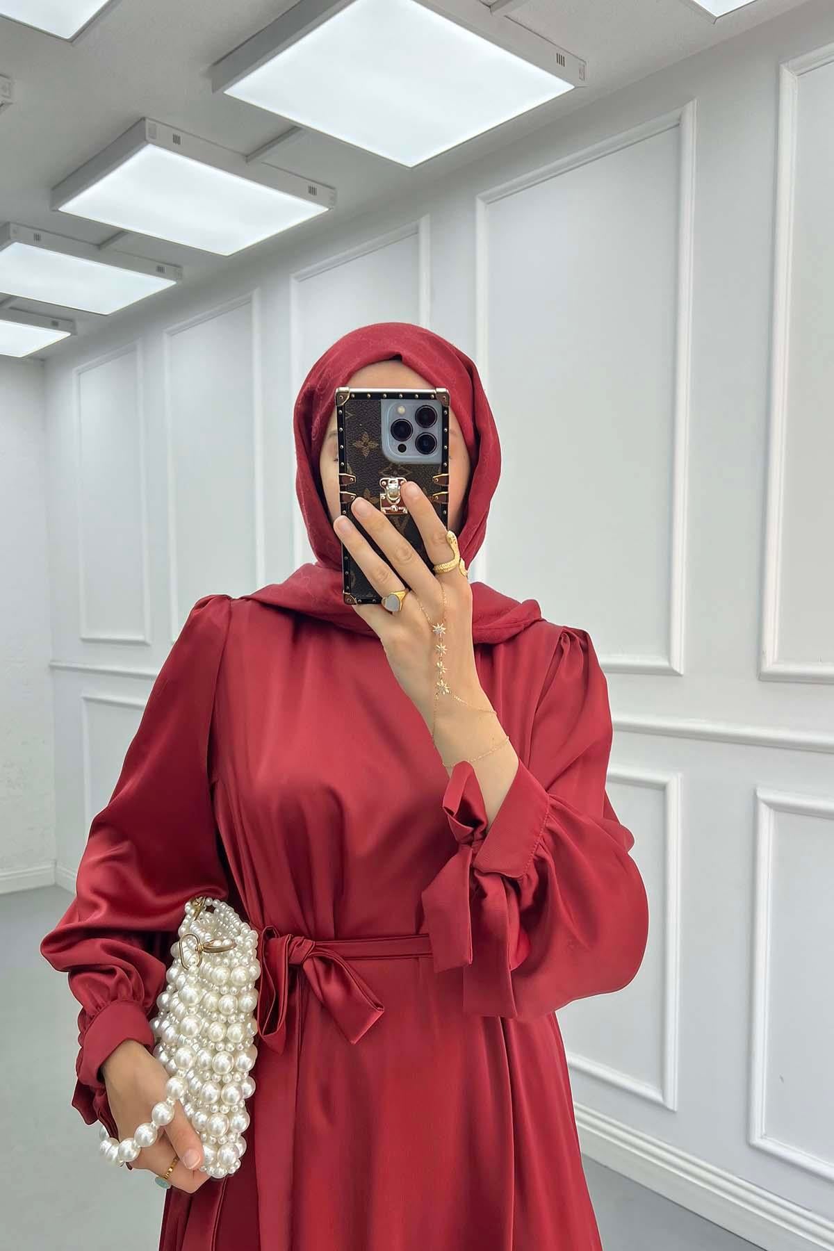 Eteği Taş İşlemeli Saten Elbise Bordo