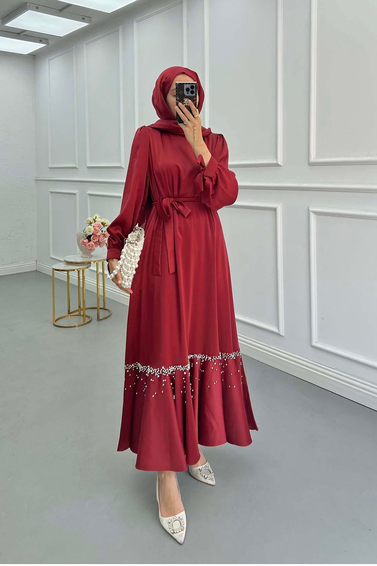 Eteği Taş İşlemeli Saten Elbise Bordo