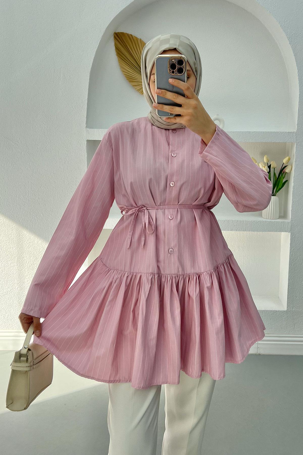 Eteği Volanlı Çizgili Tunik Pembe