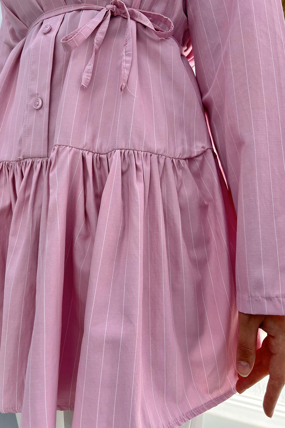 Eteği Volanlı Çizgili Tunik Pembe