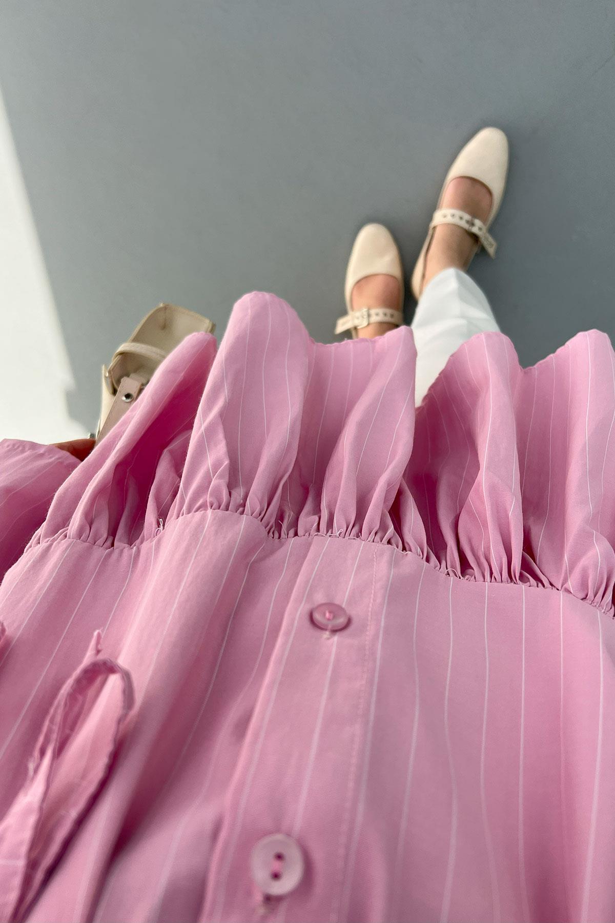 Eteği Volanlı Çizgili Tunik Pembe