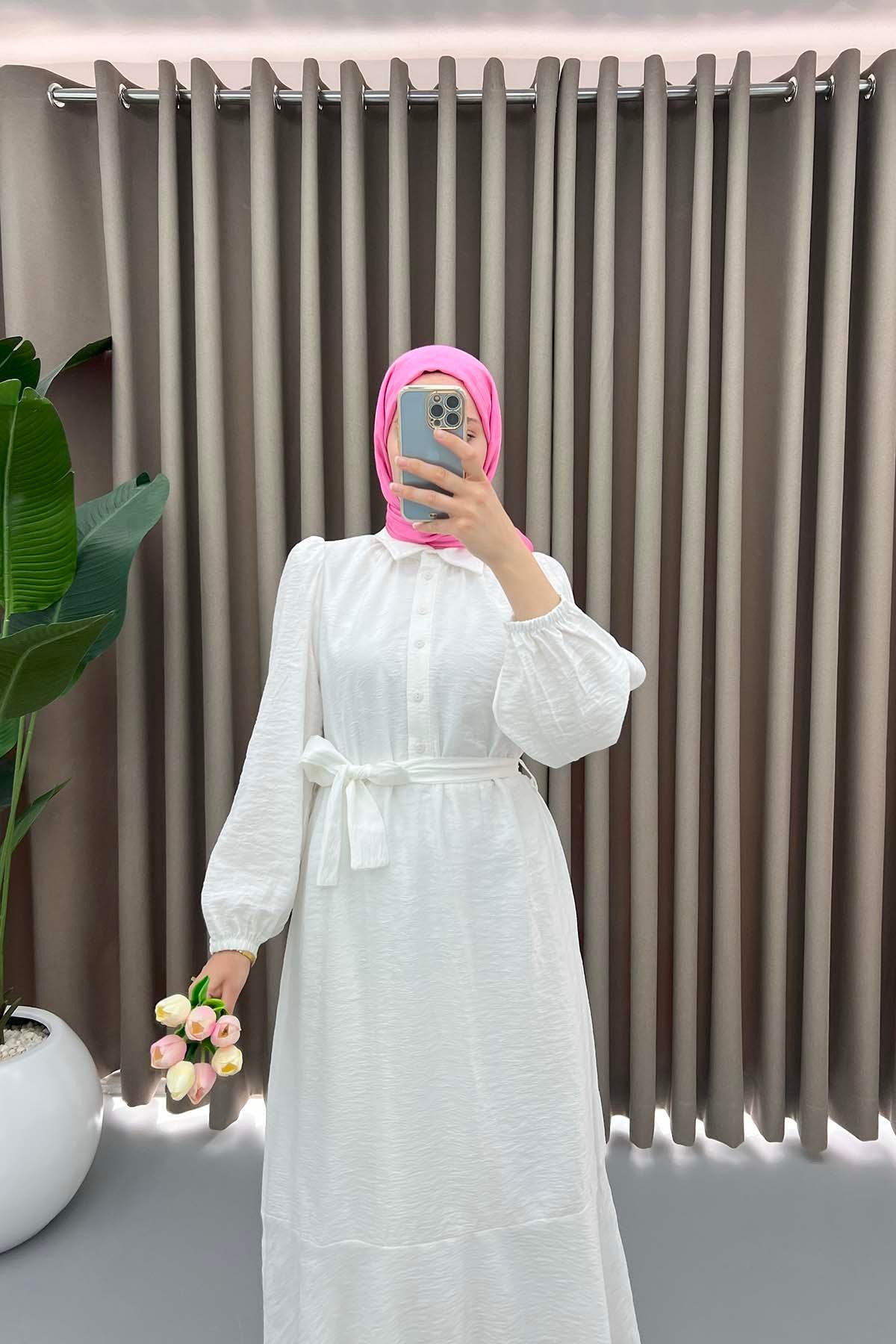 Eteği Volanlı Elbise Beyaz