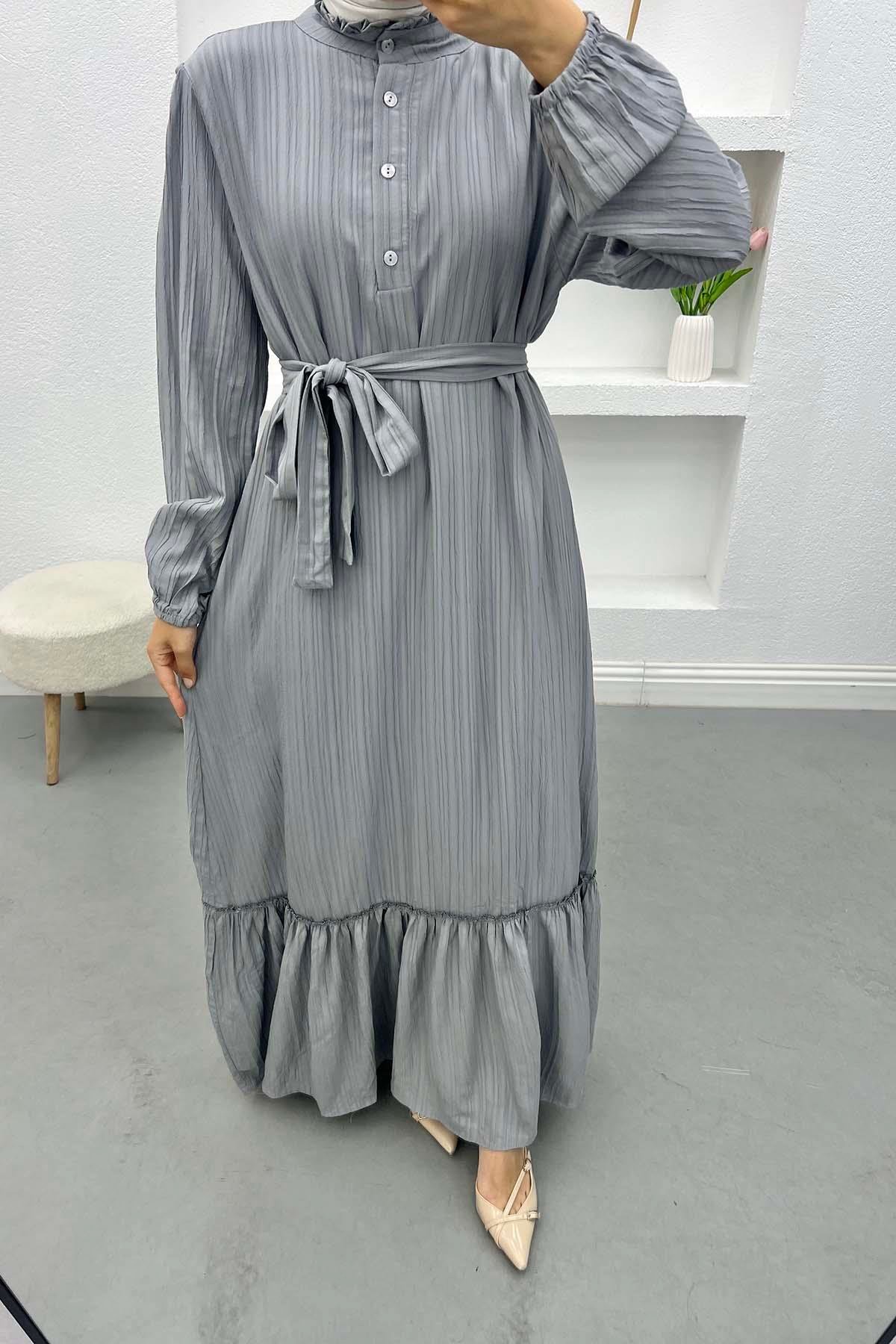 Eteği Volanlı Fırfırlı Elbise Gri