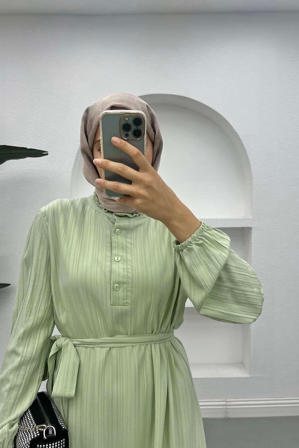 Eteği Volanlı Fırfırlı Elbise Mint Yeşili