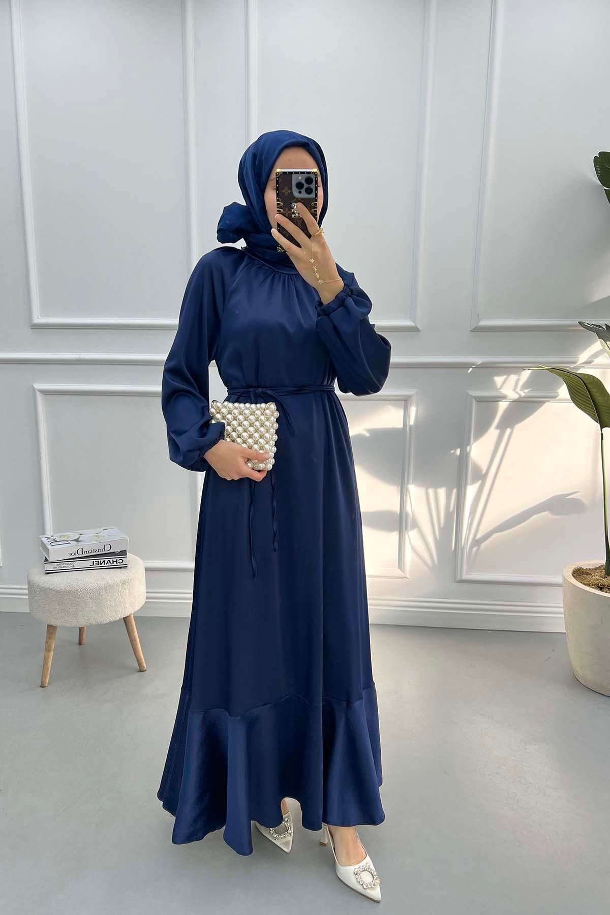 Eteği Volanlı Saten Elbise Lacivert