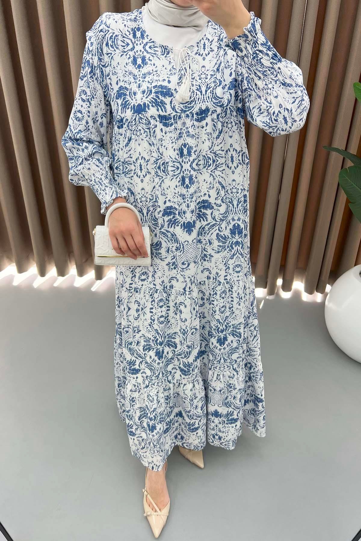 Etnik Desen Elbise Mavi