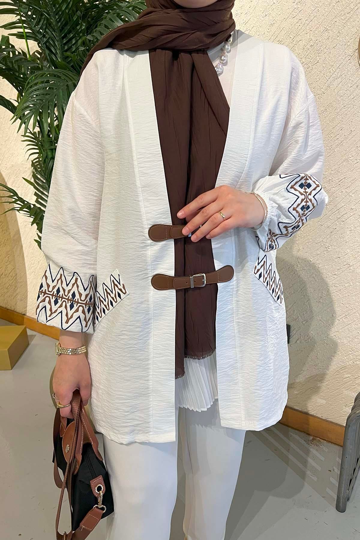 Etnik Desen Kemer Detaylı Kimono Beyaz