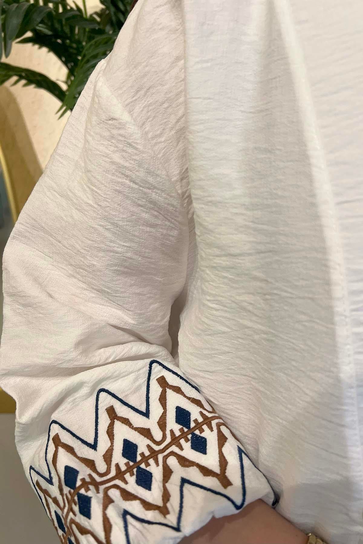 Etnik Desen Kemer Detaylı Kimono Beyaz