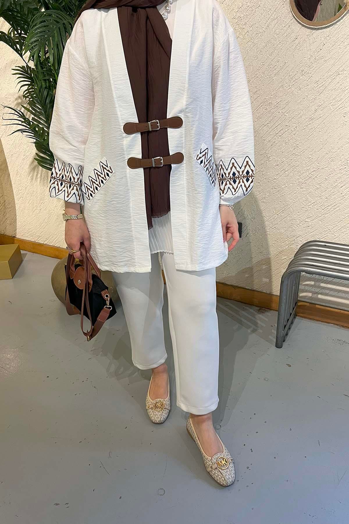 Etnik Desen Kemer Detaylı Kimono Beyaz