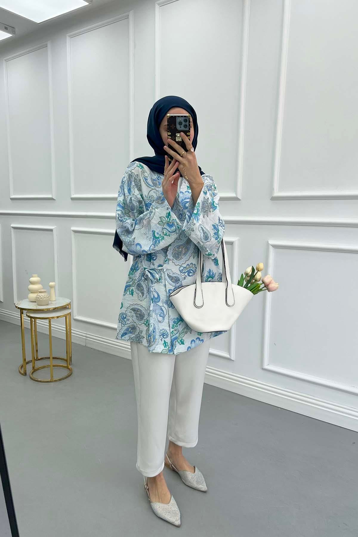 Etnik Desen Kimono Mavi