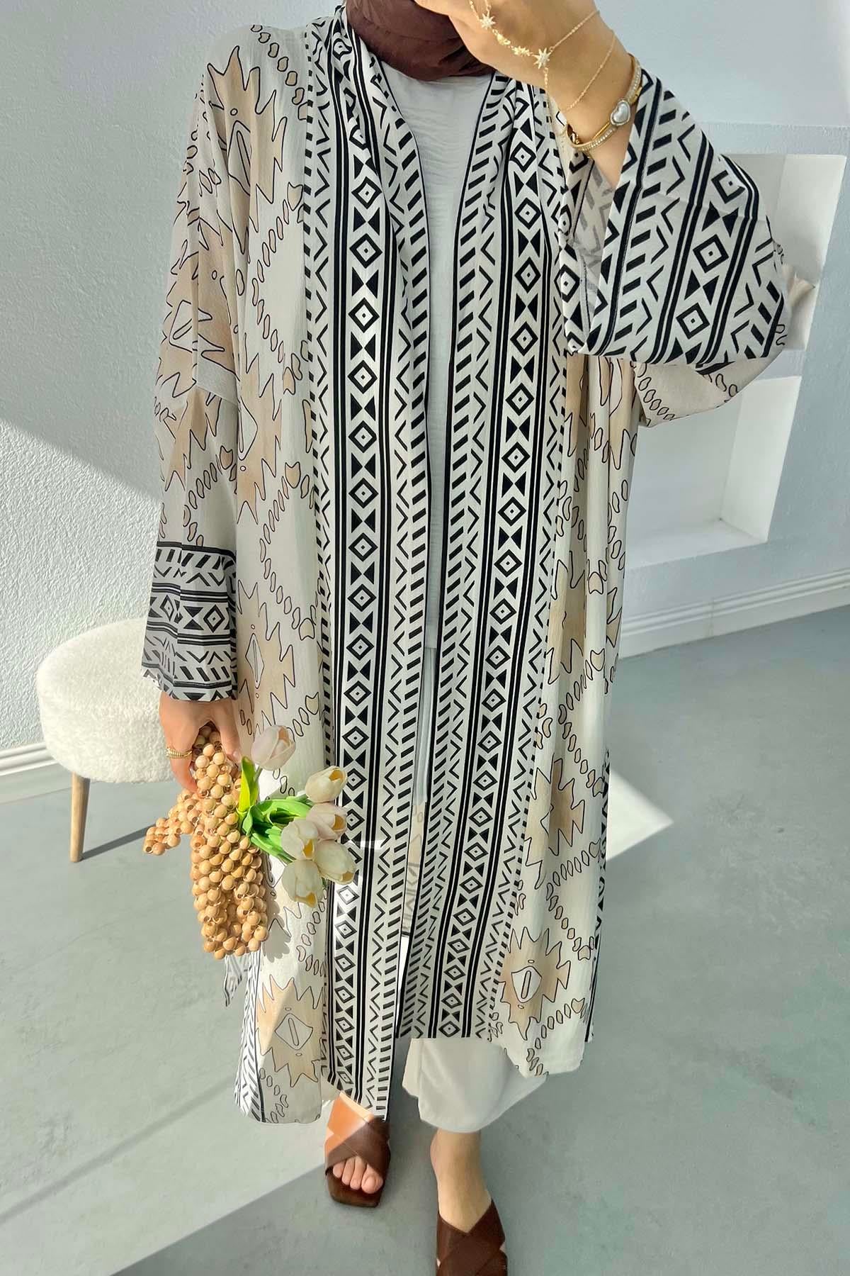 Etnik Desen Uzun Kimono Krem