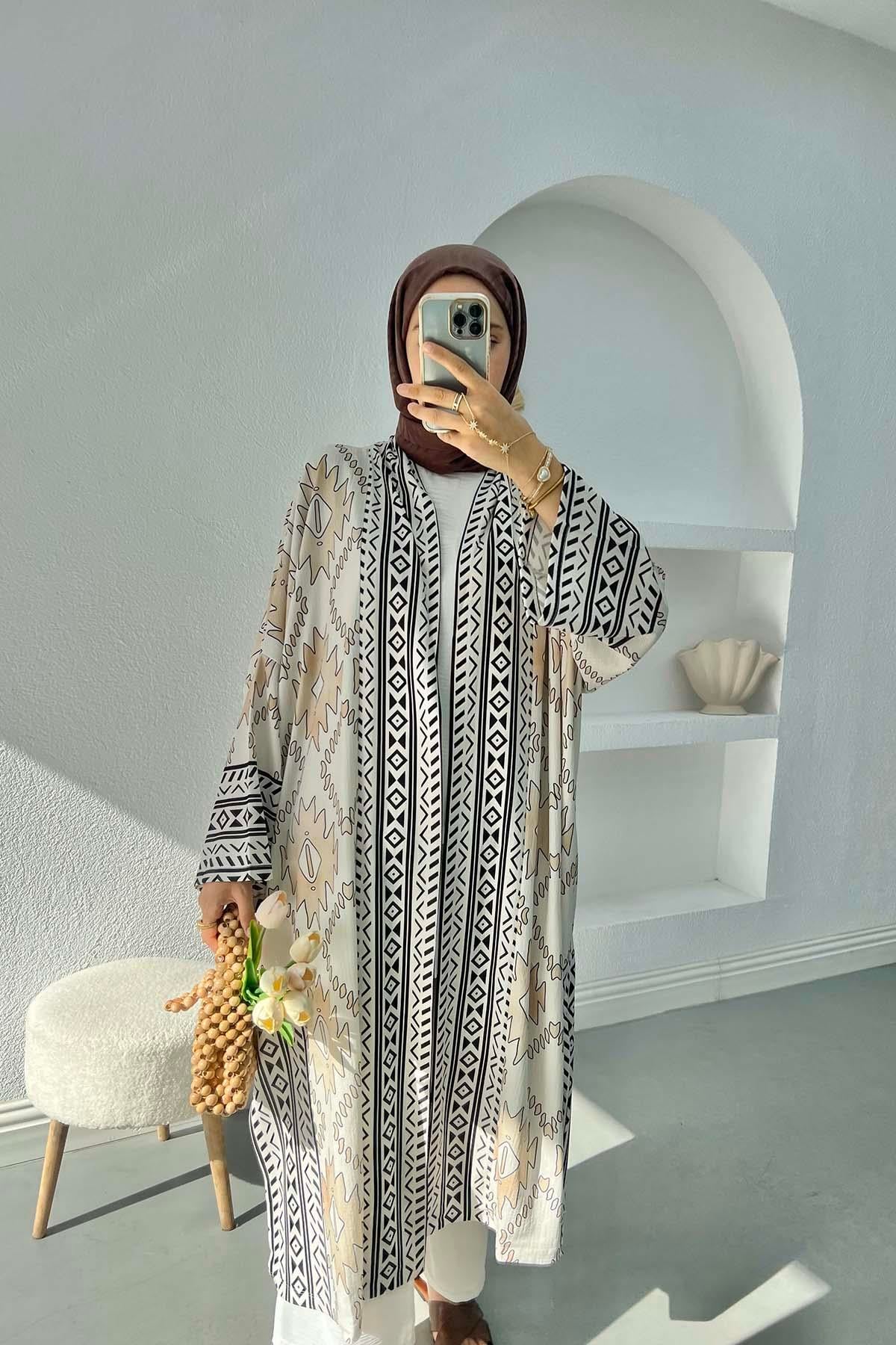 Etnik Desen Uzun Kimono Krem