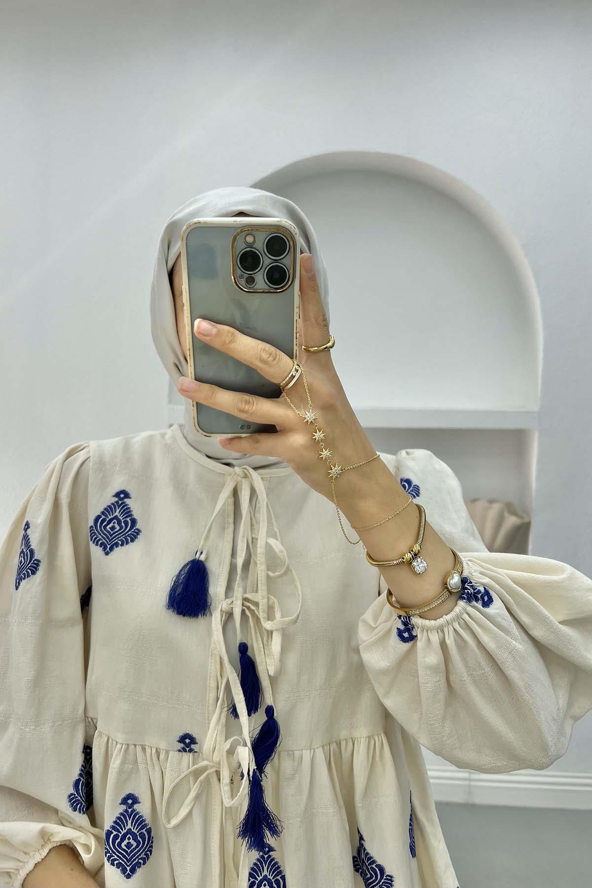 Etnik Desenli Bağlamalı Bluz Lacivert