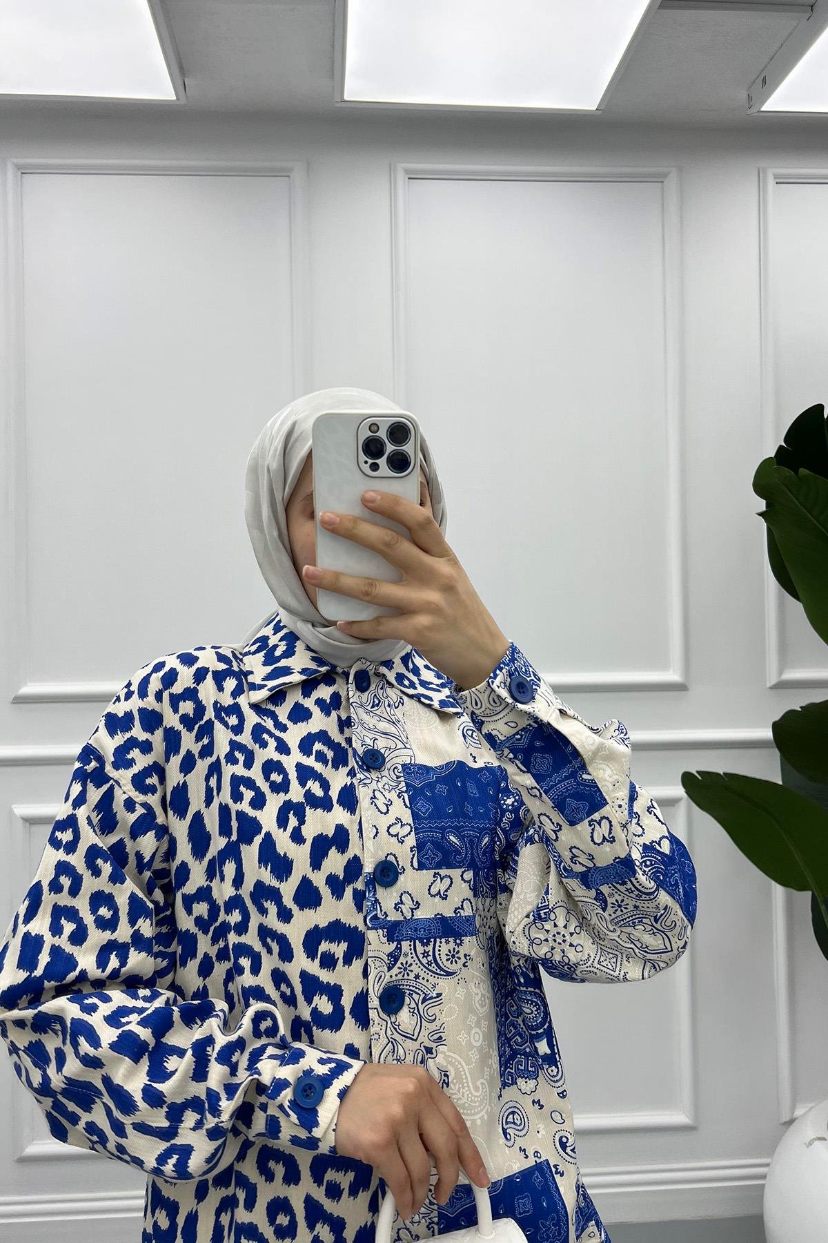 Etnik Desenli Gömlek Saks Mavi