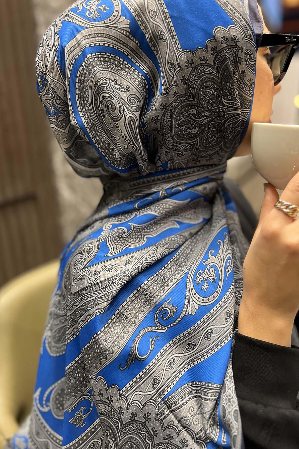 Etnik Desenli Şal Saks Mavi