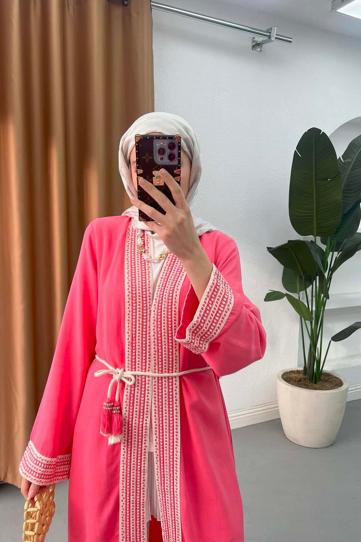 Etnik Şeritli Uzun Kimono Narçiçeği