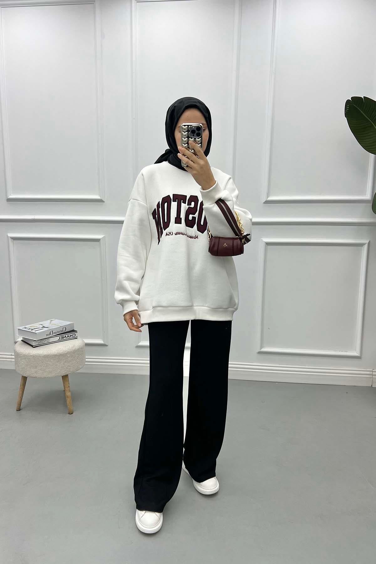 Fermuar Detaylı Üç İplik Sweatshirt Beyaz