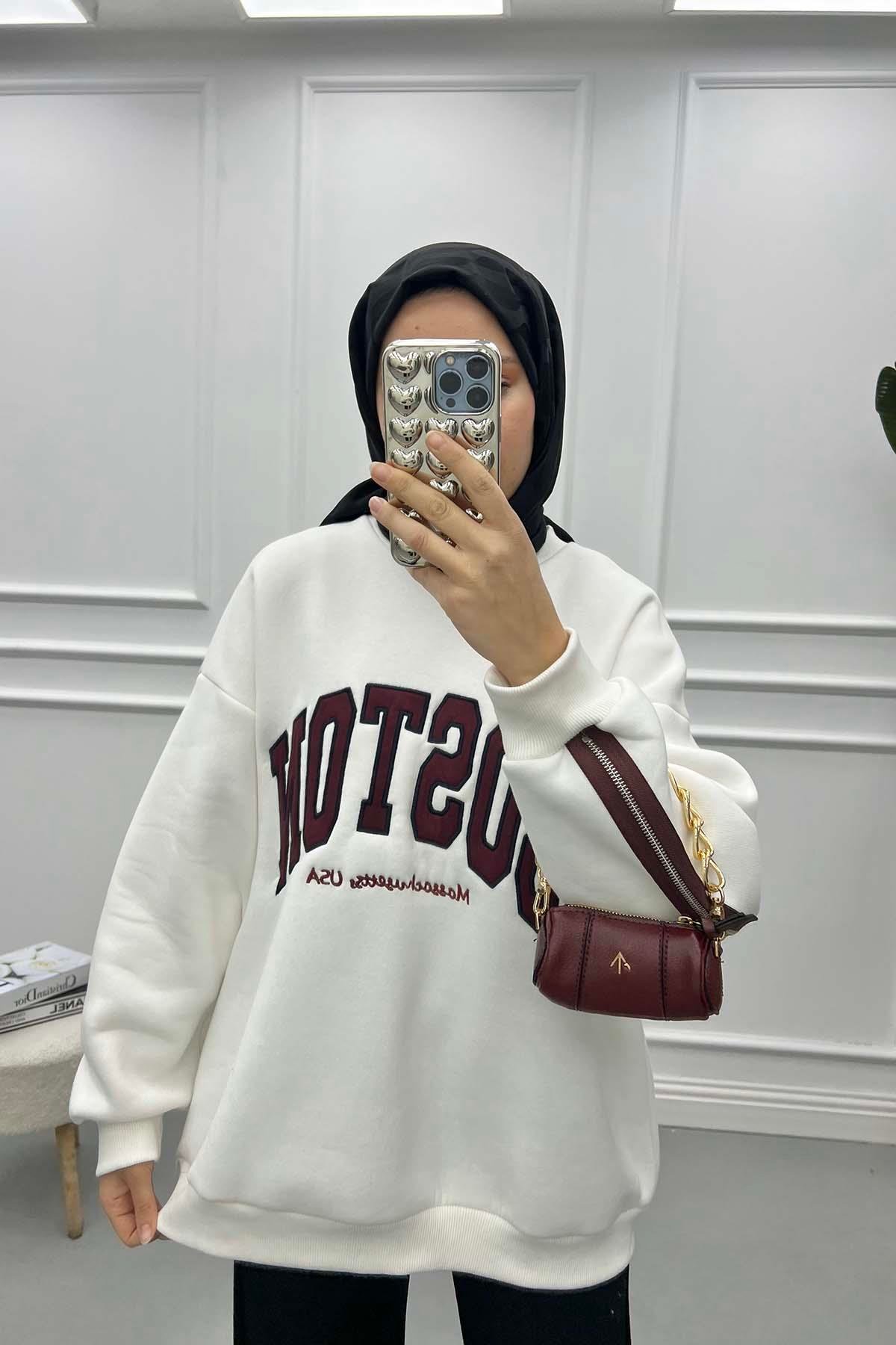 Fermuar Detaylı Üç İplik Sweatshirt Beyaz