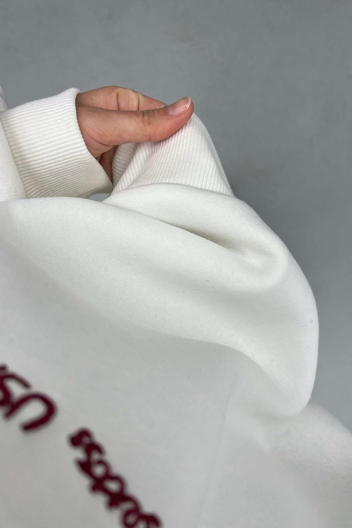 Fermuar Detaylı Üç İplik Sweatshirt Beyaz